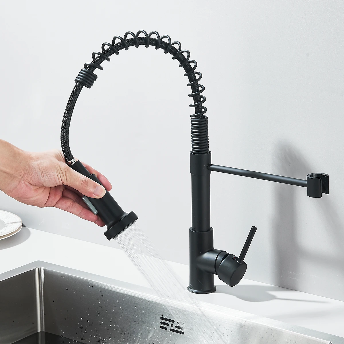 Matte Black Kitchen Sink Faucet Pull Down 2-way Spray Single Handle Hot Cold Water Mixer Tap 360 Rotation Sink Taps
