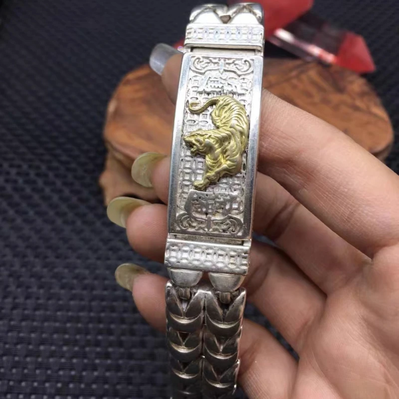 Little Fairy/Tibetan Silver Inlaid Brass Zodiac Tiger Bracelet Fashionable Exquisite Personalized Jewelry Men and Women Gift