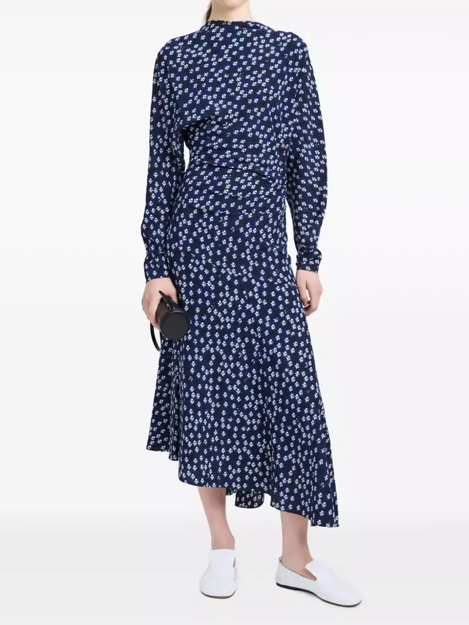 2025 New Women Retro Flower Print Robe Irregular Hem Folded Waist Slanted Collar Long Sleeve Vintage Slim Midi Dress