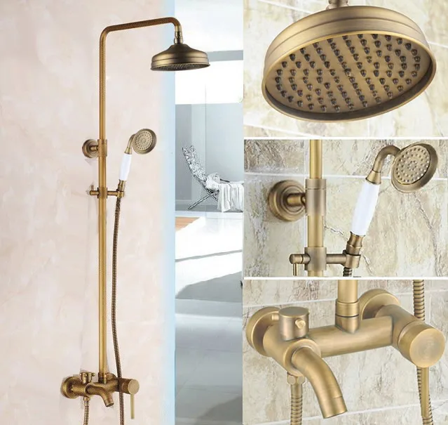 

Antique Brass Wall Mounted Bathroom Faucet Set 8 inch Rainfall/Handheld Shower Bath Tub Hot And Cold Water Taps Kit 2rs183