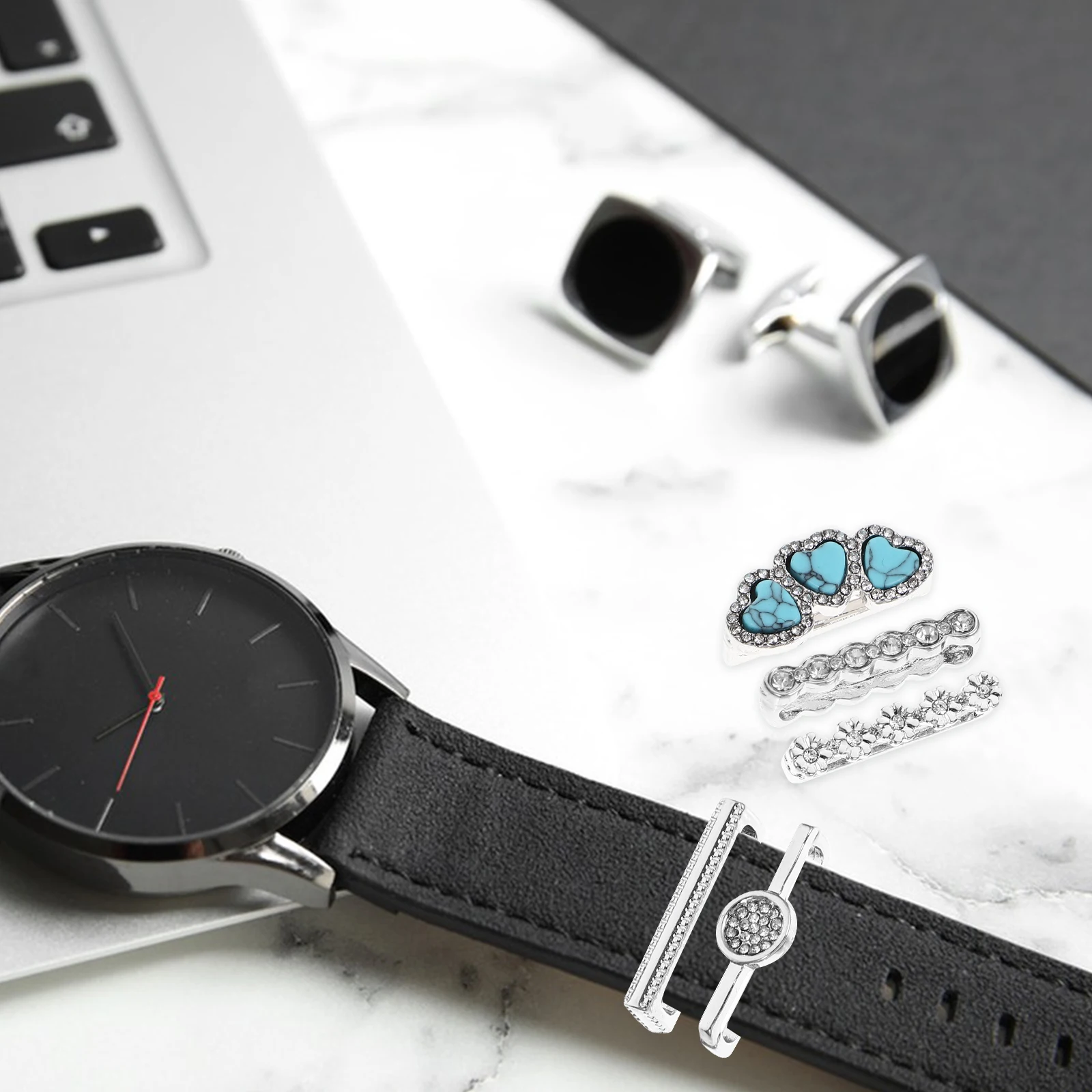 

5pcs Silicone Watchband Decorative Rings Stone Loops Bands Charms Metal Smartwatch Strap Decoration Accessories