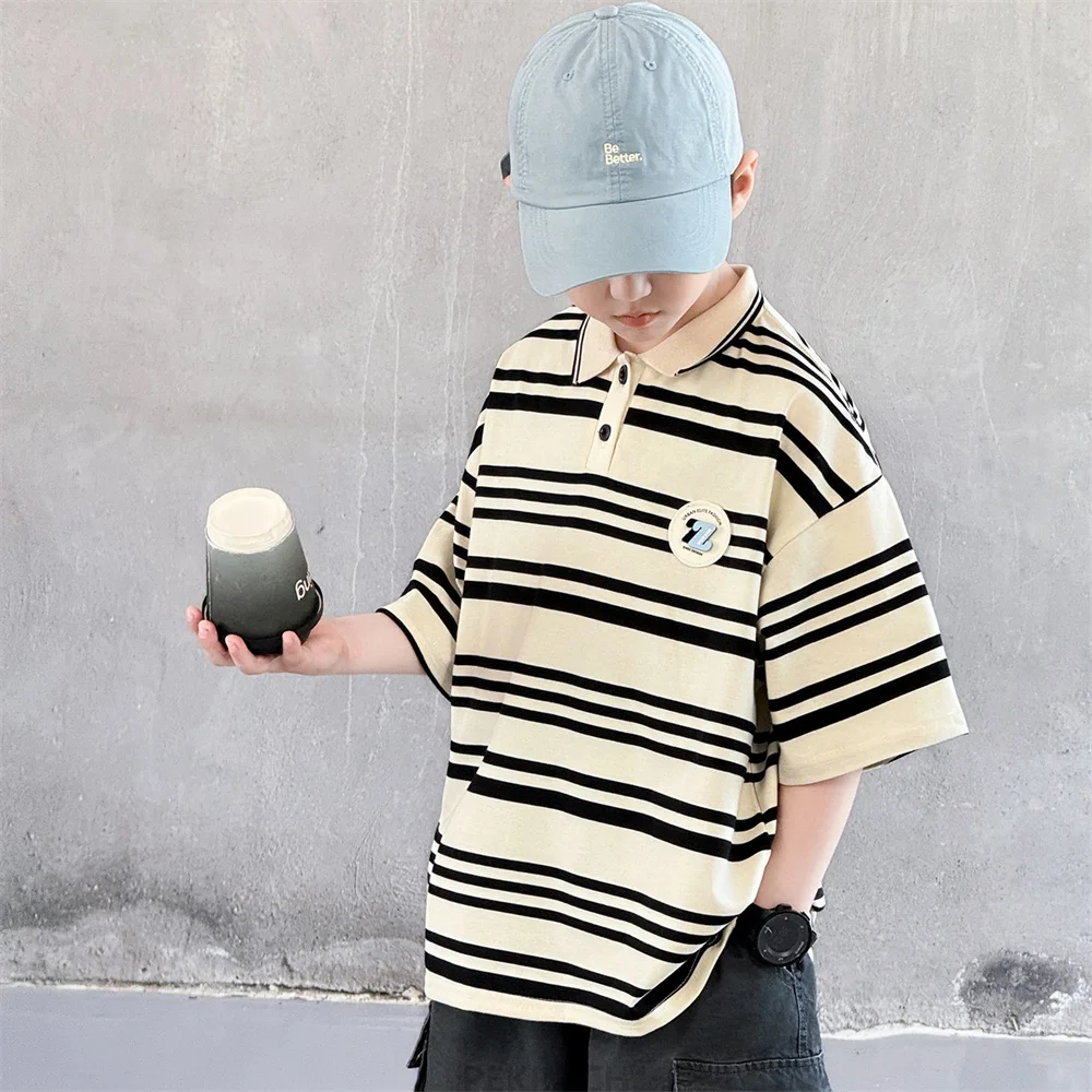 Classic Design Kids Children Summer Short Sleeve Striped Polo Shirt for Tween Boys Casual Polo Tshirt Elegant Cotton Poloshirt