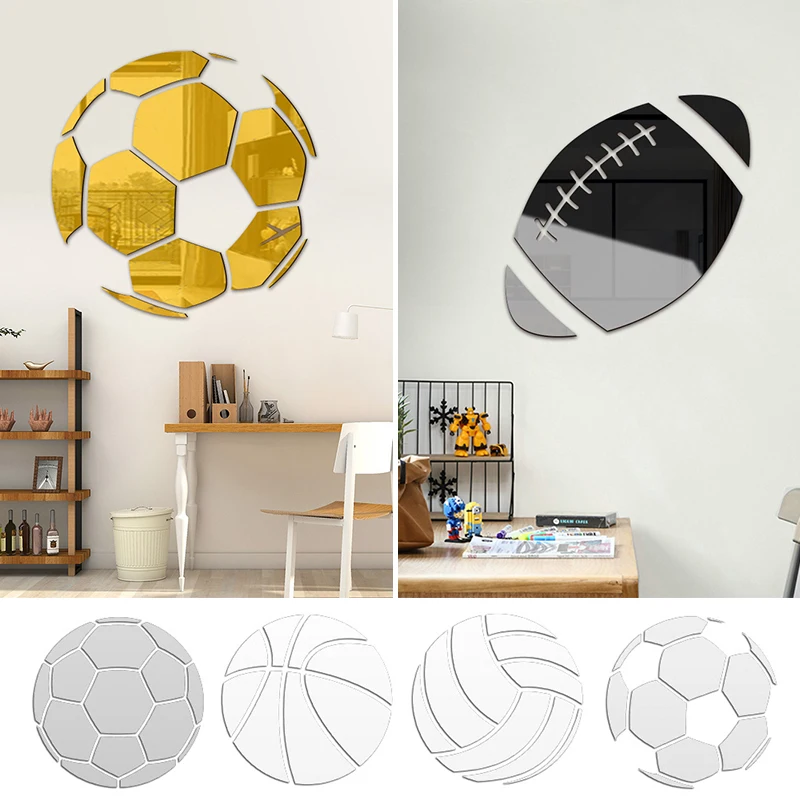 Acrylic Football DIY Mirror Wall Stickers Home Decor Stickers Tennis Baseball Rugby Volleyball Soccer Self-adhesive Wall Sticker