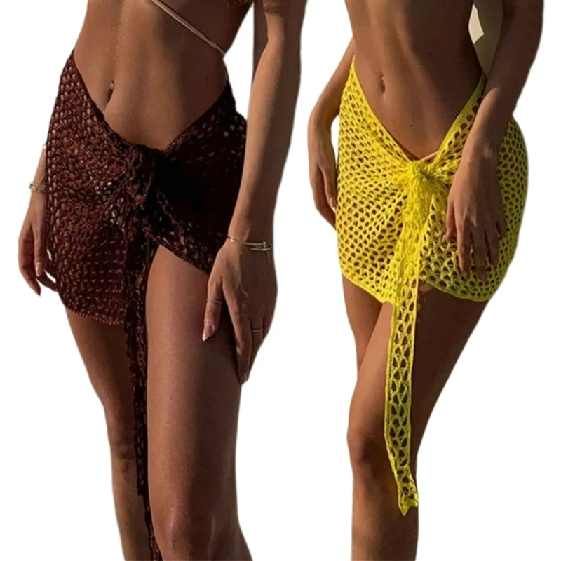 G92F Crocheted Beach Sarong-Pareo-Womens Sexy Semi-Sheer Swimwear Cover-Ups Side Tie Wrap Short Skirt for Swimwear-Beach