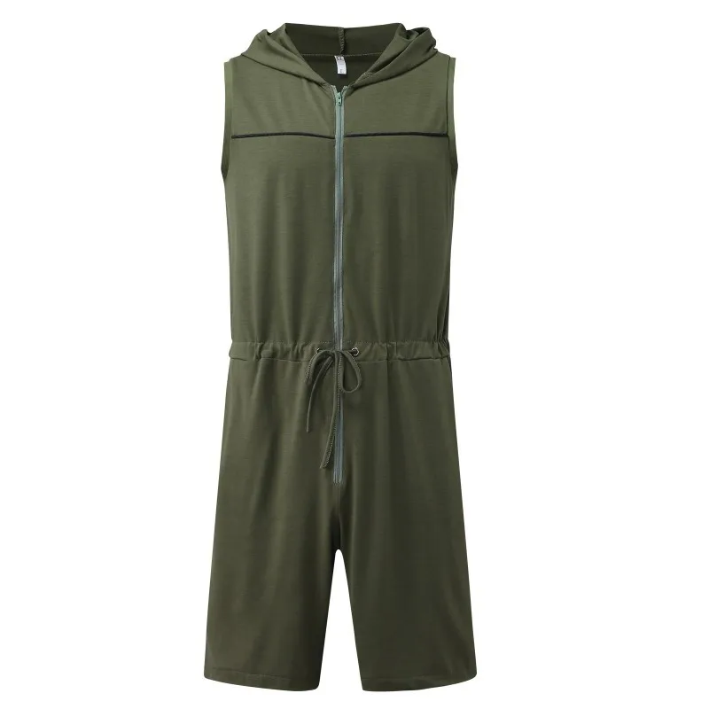 2024 New Men Tight Sleeveless Bodysuit Zipper Hooded Romper Short Pant Casual Home Wear Tracksuit Pajamas Onesies for Adults Men