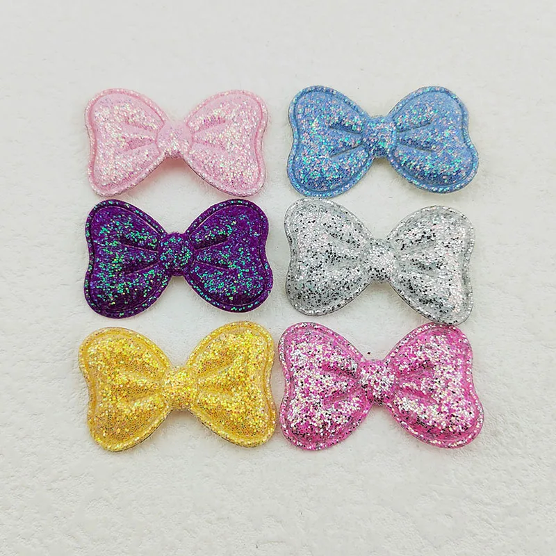 100Pcs 4X2.5CM Glitter Fabric Bowknot Appliques For Clothes Hat Sewing Supplies DIY Headwear Hair Clip Bow Decor Patches