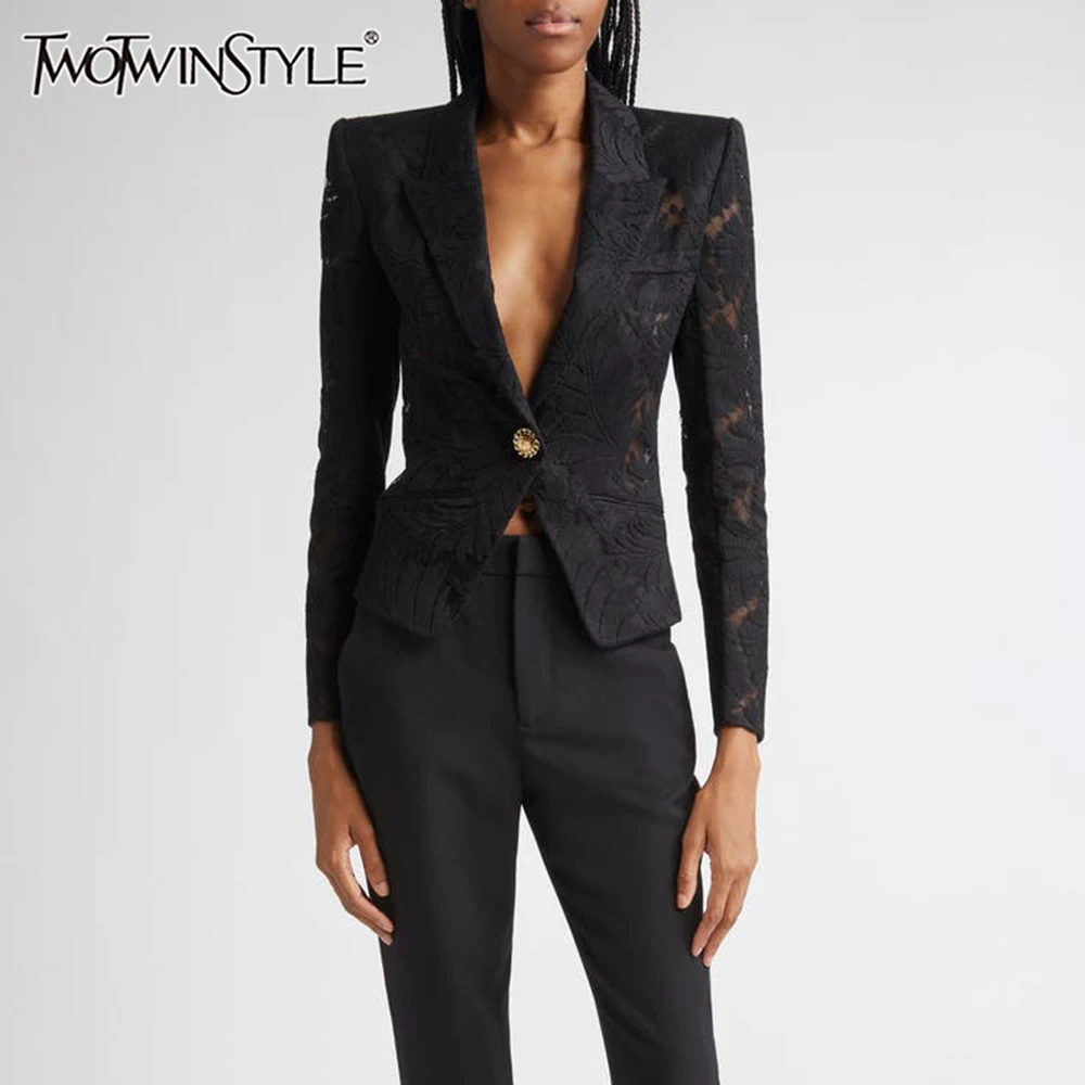 

TWOTWINSTYLE Solid Sheer Spliced Lace Elegant Jackets for Women Lapel Long Sleeves Patchwork Button Jacket Female Clothing New