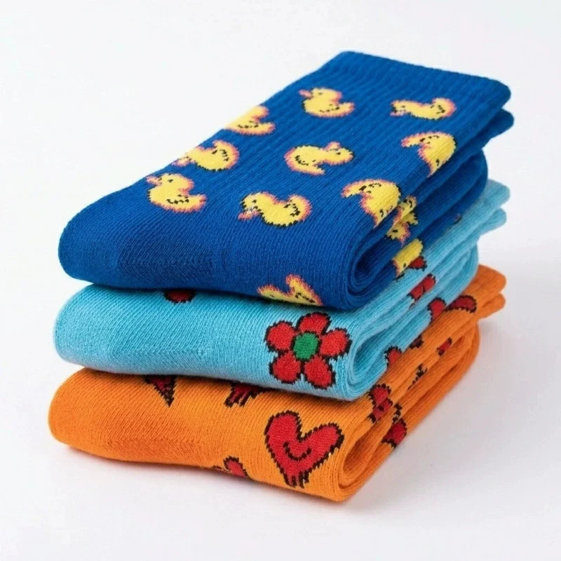 1/3/12/24 Pairs Unisex Crew Socks Men Women Stretch Ribbed Cartoon Heart Floow Duck Funny Pressure Skateboard Socks