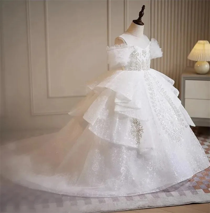 Weiße Blume Mädchen Kleider für Hochzeit Korsett zurück von der Schulter Prinzessin Kind Erstkommunion Kleid Kind Größe 1-14t