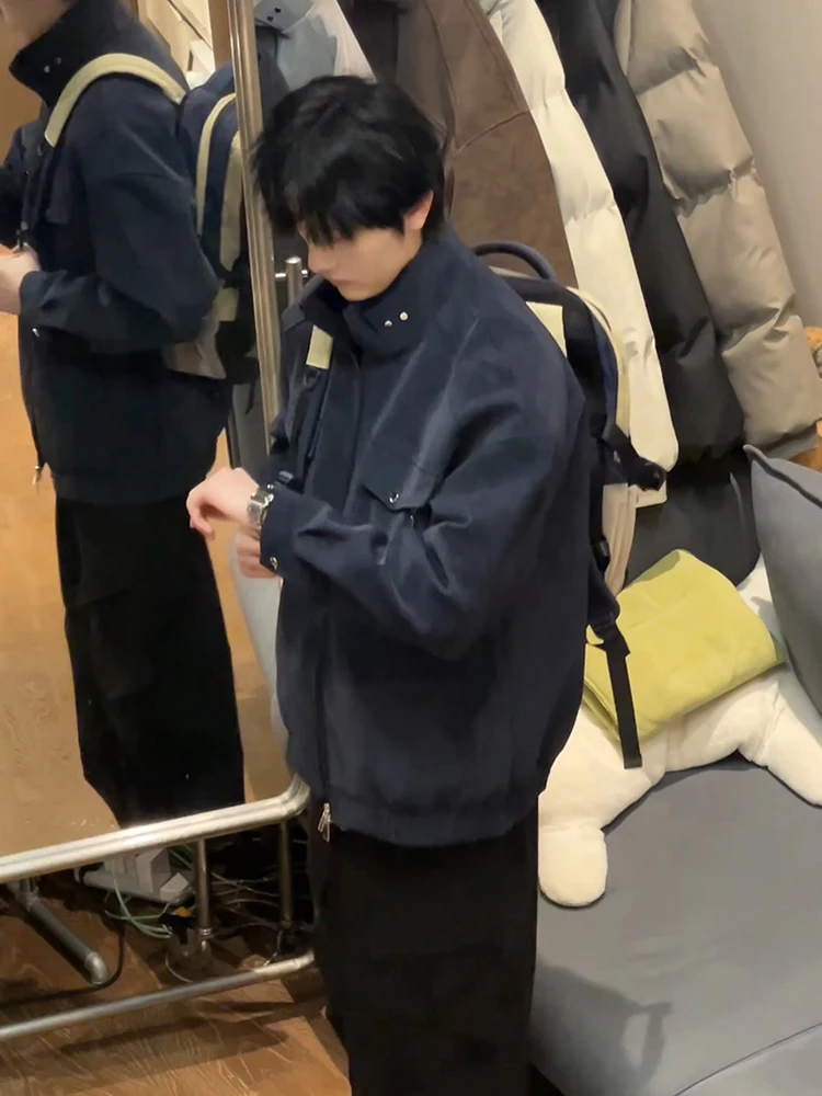 

Trendy Youth Men's PU Leather Jaet Coat k Blue Stand Collar Suede Workwear Motorcycle Baseball Sle Autumn Winter Outer...