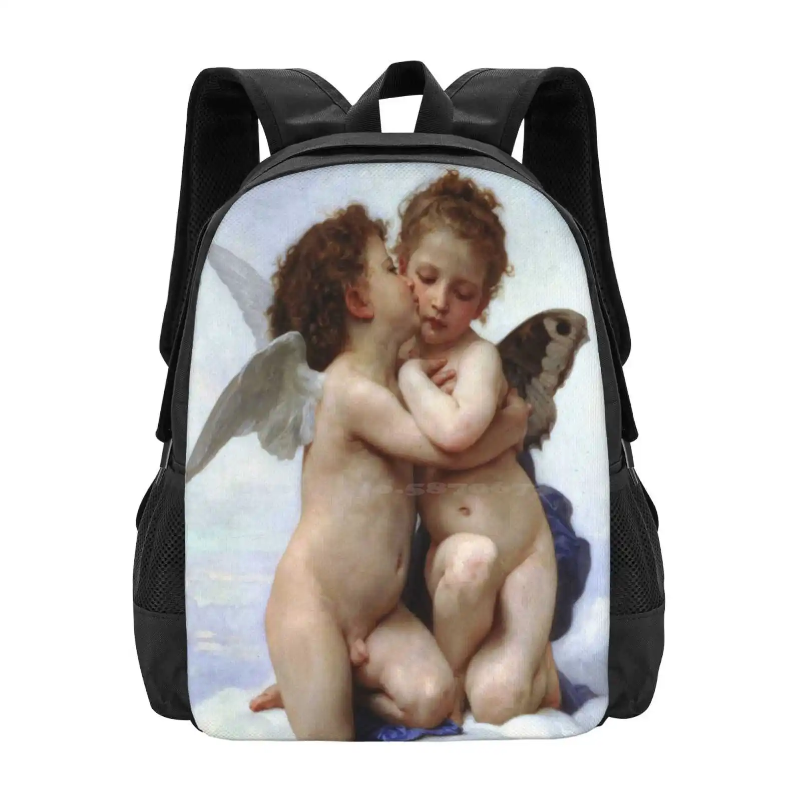 The First Kiss - L'Amour Et Psyché , Enfants - William Adolphe Bouguereau School Bag Big Capacity Backpack Laptop First Kiss Cup