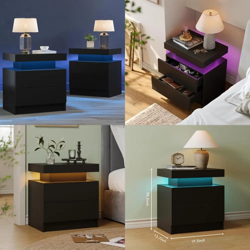 "طاولات ليلية معاصرة مزدوجة LED مع شرائط إضاءة متعددة الألوان وأدراج صامتة وتخزين كاره"