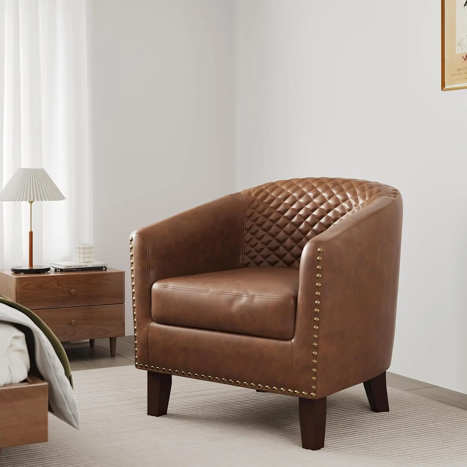 Faux Leather Barrel Chair Nailhead Trim, Low-Back Armchair, Wood Frame & Legs, Living Room Bedroom Office, Set of 1, Customized