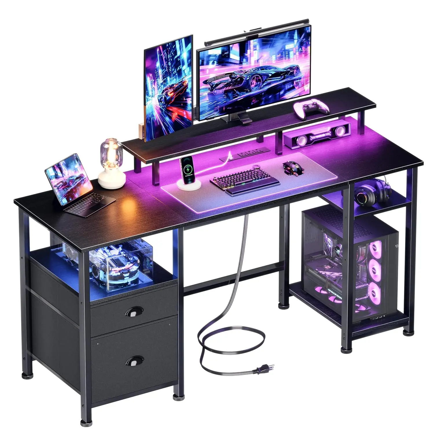 

Игровой стол 51 дюйм с розетками и LED-подсветкой, реверсивный компьютерный стол с тумбой для документов и подставкой для монитора, на заказ
