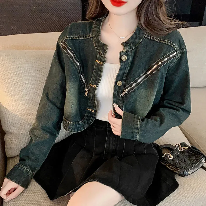 Female Korean High Waisted Denim Jacket Women's Spring, Autumn Summer Outfits Ultra Short Stature And Slimming Motorcycle Jacket