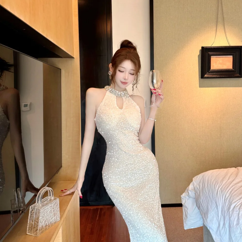 

Ele High-End Diamond-Encrusted Sequin Evening Dr with Slit And Ne Hanging for Ladies Autumn Winter New Sle Sexy Sle