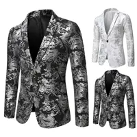 Men's Slim Fit Print Blazer Jacket 2025 Fashion Handsome Business Casual Silver Stage Show Suit Small Menswear