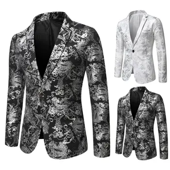 Men's Slim Fit Print Blazer Jacket 2025 Fashion Handsome Business Casual Silver Stage Show Suit Small Menswear