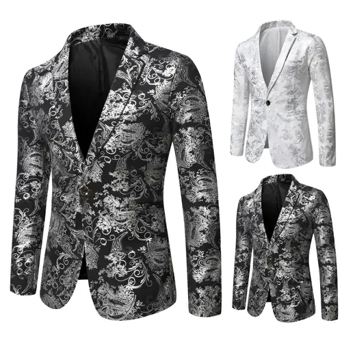 Imagen 1 del producto Chaqueta Blazer con estampado entallado para hombre, moda 2021, guapo, informal, de negocios, traje de espectáculo en escenario plateado, ropa pequeña para hombre