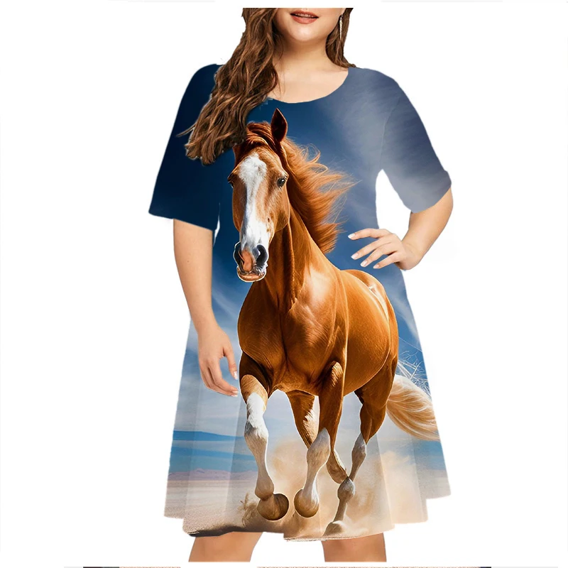 Grassland Running Animals Horse Dresses For Women Clothes Oversized Summer Casual Short Sleeve Print Dress Loose Plus Size Dress