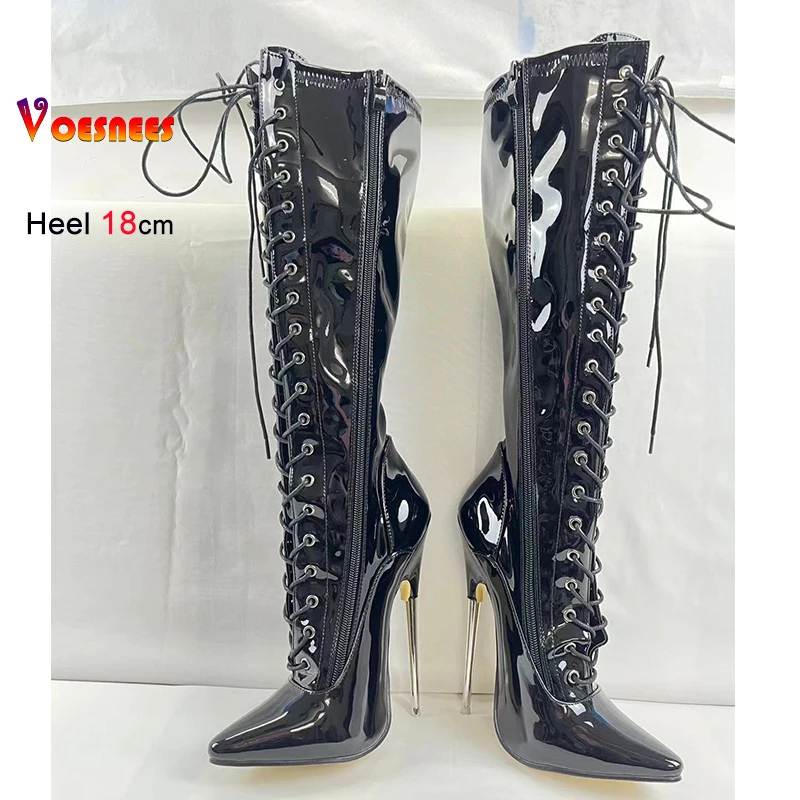 Voesnees Neue 18 cm Metall Ferse Kniehohe Frauen Stiefel Nachtclub Bühne Spitz Pole Dance Schuhe Patent Leder Benutzerdefinierte farben Plus Größe 5