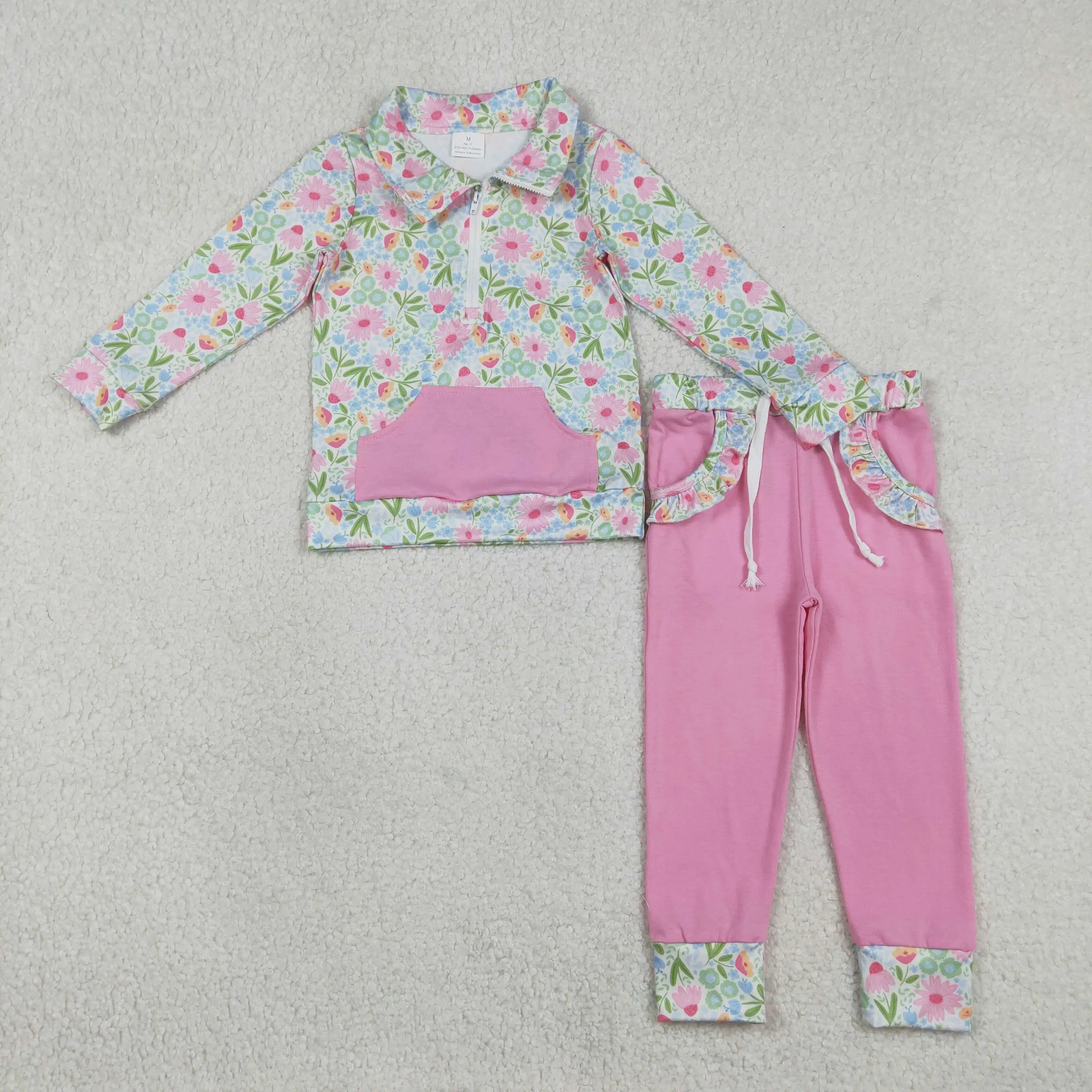 

NEW RTS Baby Girls Colorful Flowers Zip Pocket Pullovers Jogger Pants Clothes Sets