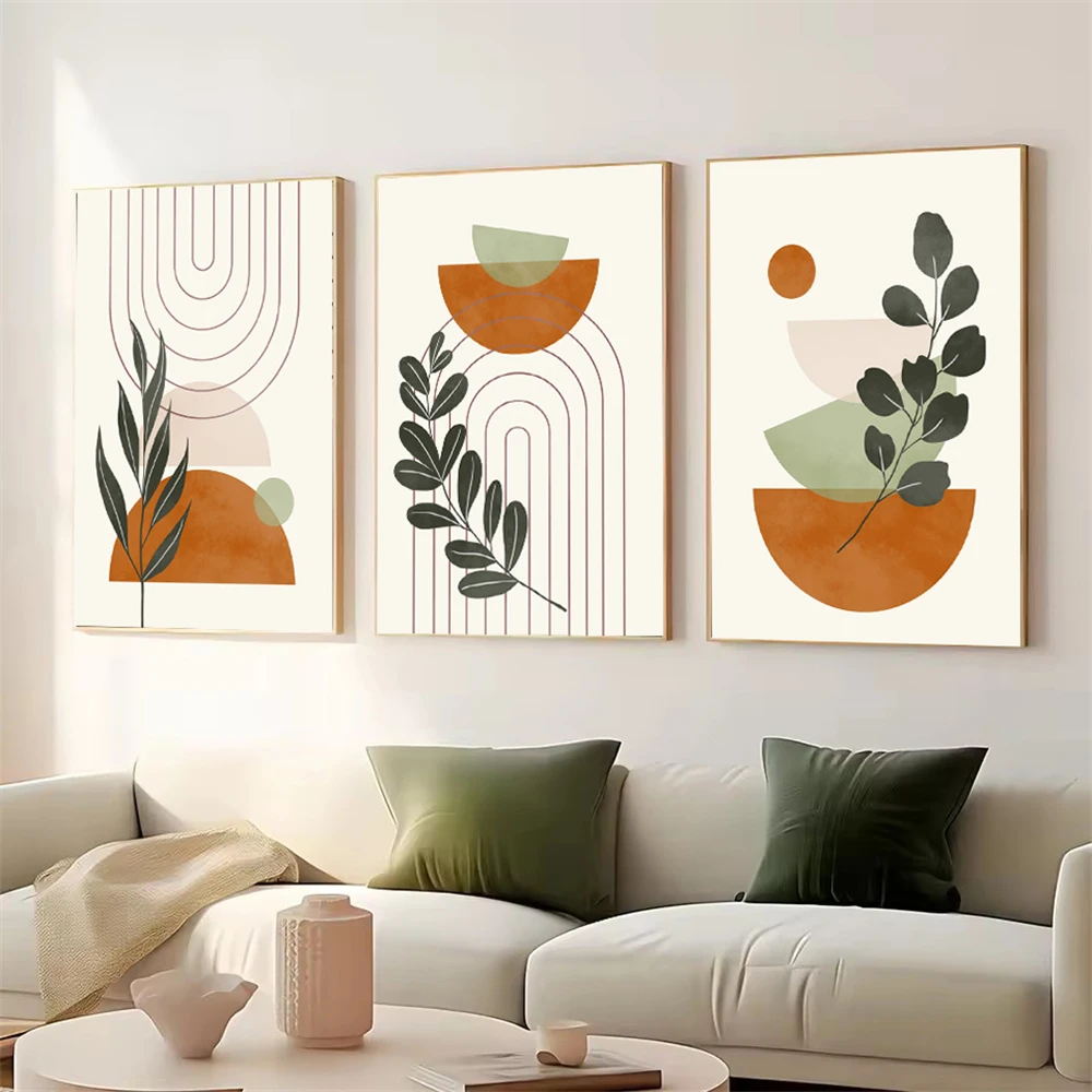 Bohemian Style Plant Sage Green Wall Art Canvas Painting Abstract Line Geometric Posters And Prints Pictures Living Room Decor