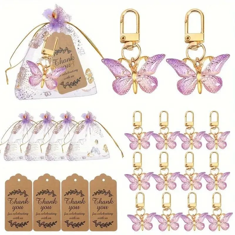 Juego de regalo con llaves de mariposa, 12 Uds., juguetes acrílicos con llaves moradas, tarjetas marrones y 12 Uds. De bolsas con cordón de Organza, bonitos recuerdos de fiesta para chico y niña
