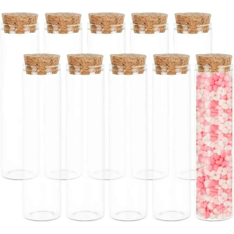 10 Pack 60ml Glass Test Tube with Cork Stopper Clear Flat Mini Glass Bottles Jars for Wedding Party Favors Candy Spices Beads