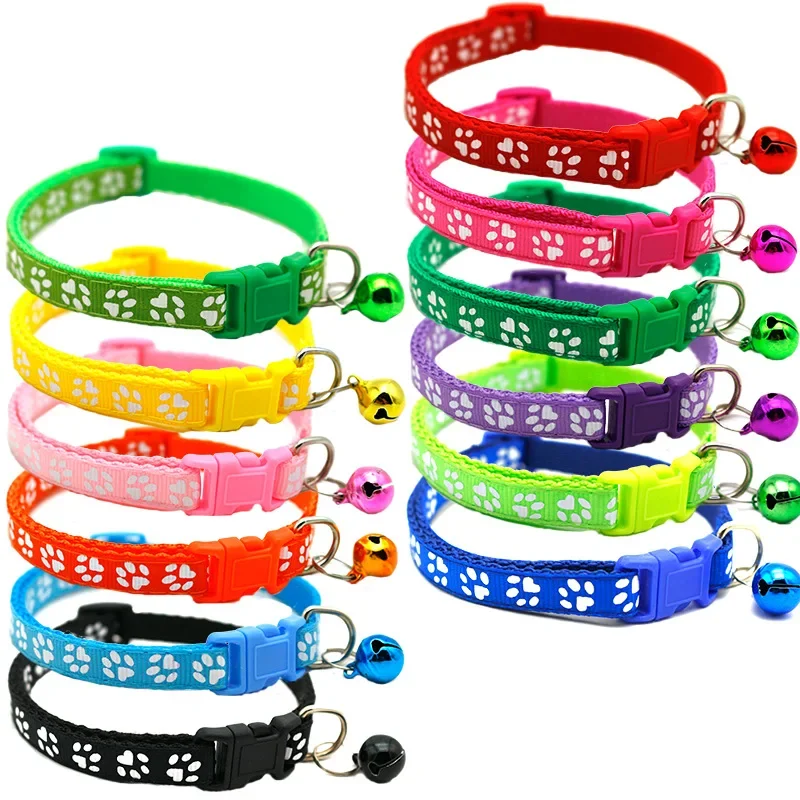 Multi-color Adjustable Cat Pet Collar Cute Paw Print Cat Collar with Bell Buckle for Small Puppy Kitten Cat Supplies Accessories