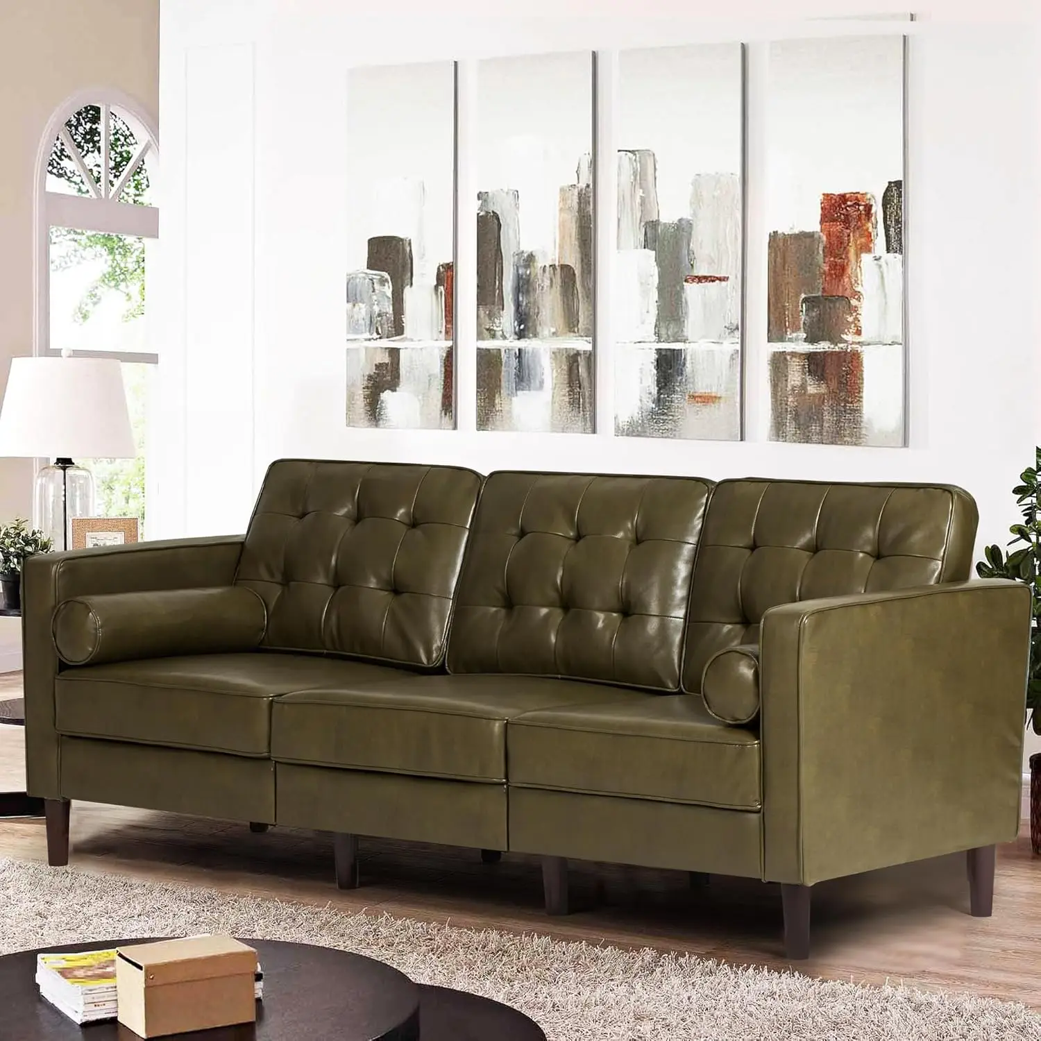 

Premium Faux Leather 2/3-Seat Sofa w/Two Bolster Pillows and Tufted Backrest, Mid-Century Modern Sofa