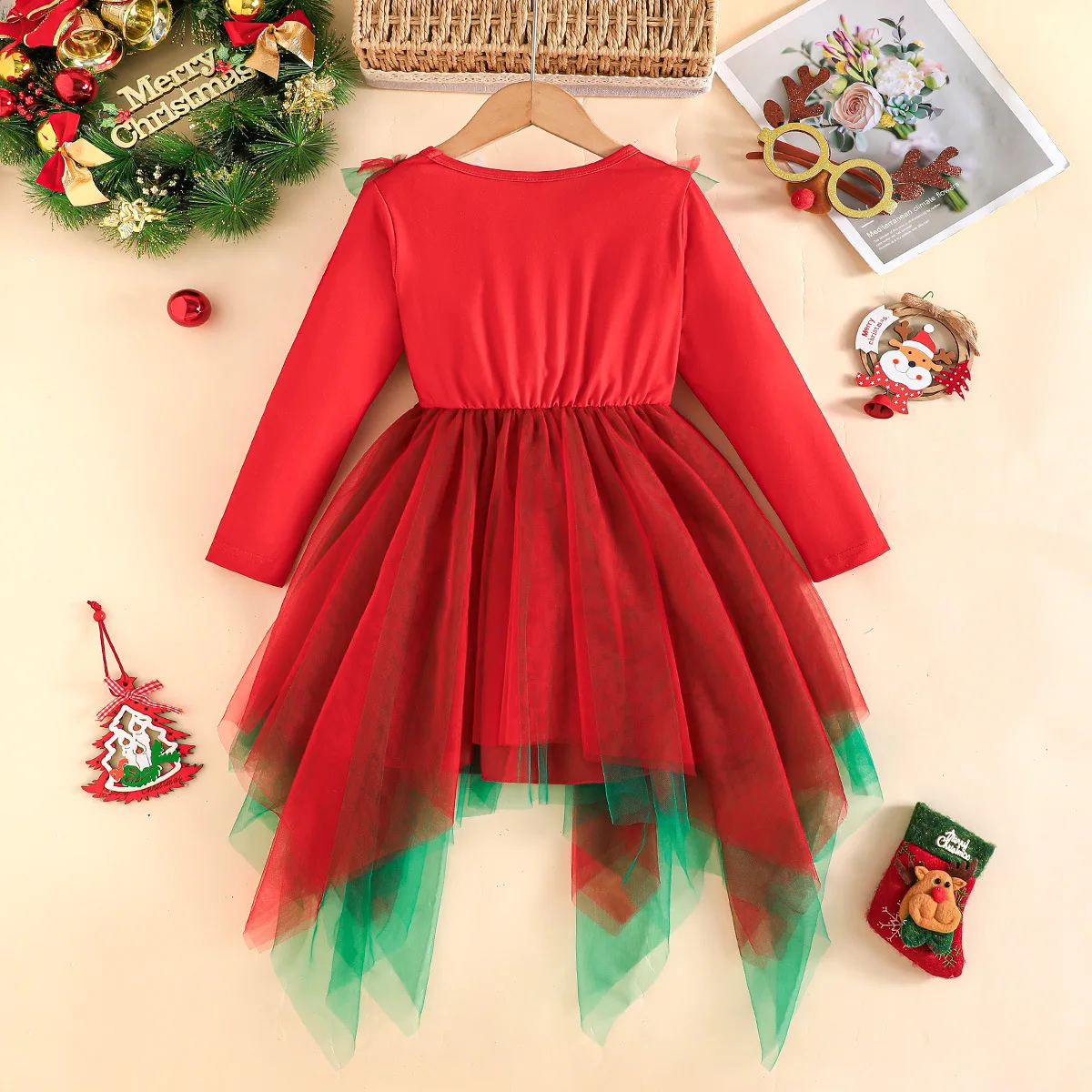 2025 Christmas Girls' Long Sleeve Mesh Dress with Red Green Gradient Irregular Skirt and Bow Decoration