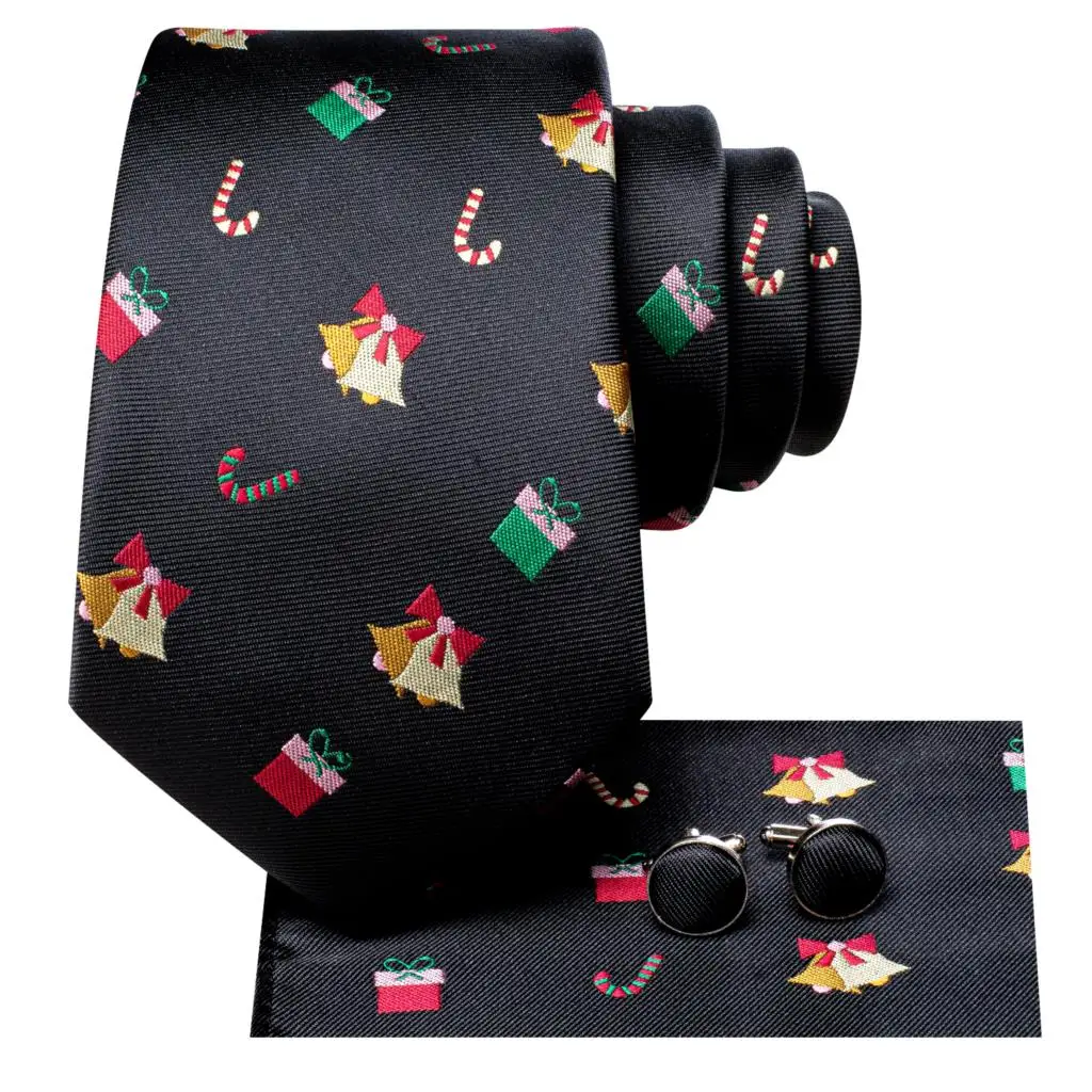 Corbata de seda negra de Navidad para hombre, conjunto de mancuernas a mano para fiesta de negocios, diseño de hi-tie, regalo