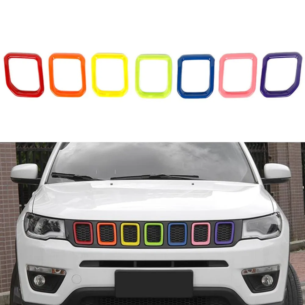 7 قطعة سيارة الجبهة مصبغة شواء إدراج الإطار أغطية الكسوة ل جيب كومباس 2021 2022 2023 (الكربون) #3