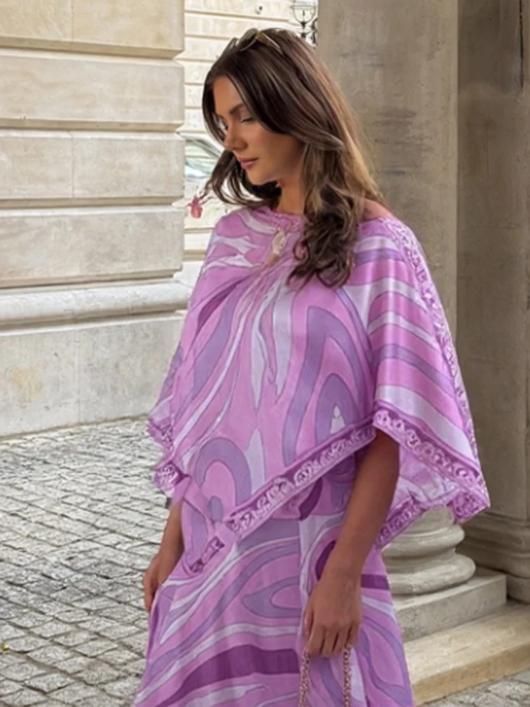 

HH Women Bohemian Printed Skirt Suit Vintage Irregular Position Scutellar Top+High Waist Sexy Large Wide Casual Long Skirt