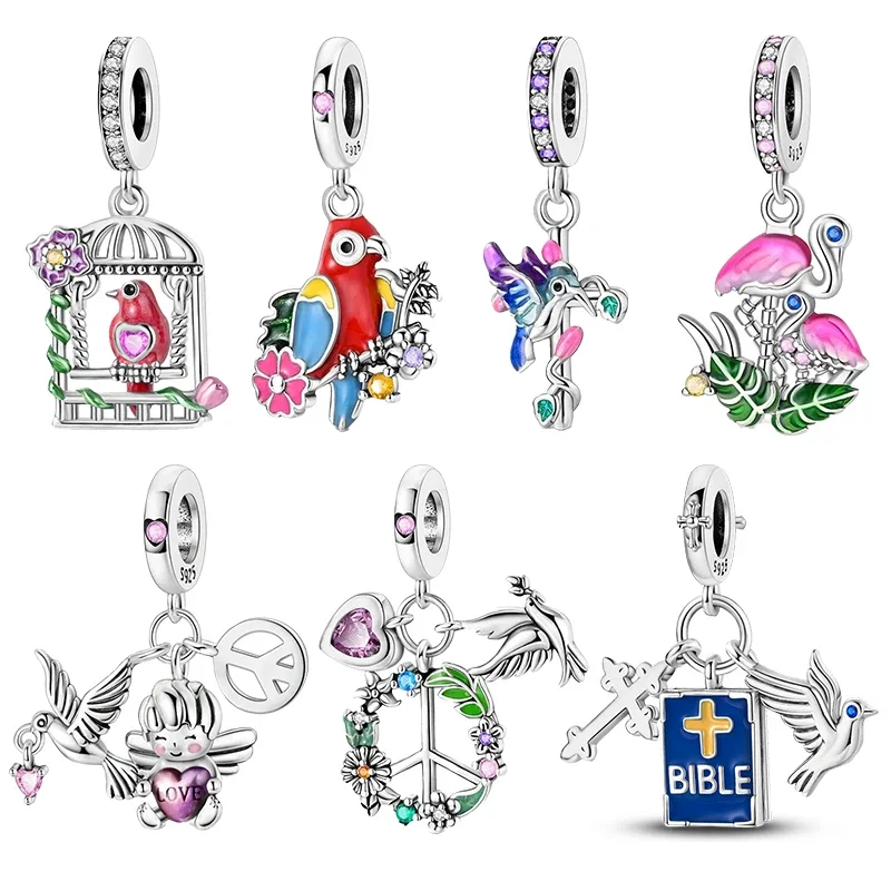 925 Sterling Silver Exquisite Cubic Zircon bird parrot Peace Dove Charms Bead Fit Pandora Original Bracelet Fine DIY Jewelry