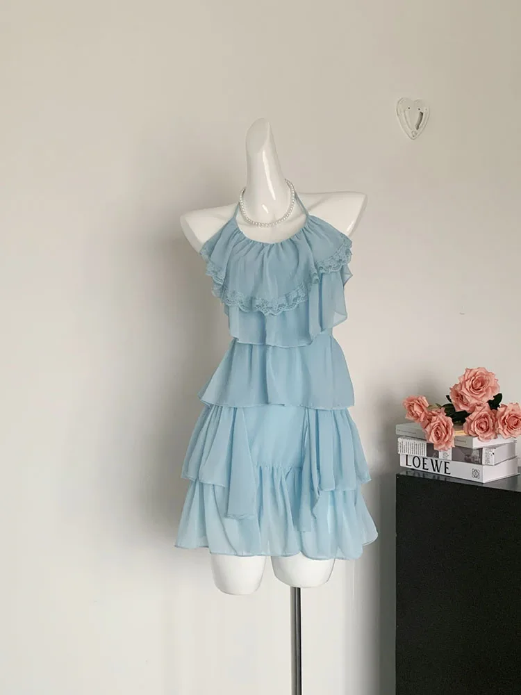 French Ruffle Spaghetti Strap Dress Solid Fashion Party Prom Sundress Ruffle Sleeveless 2000s Aesthetic Sweet Fairy Dress Chic