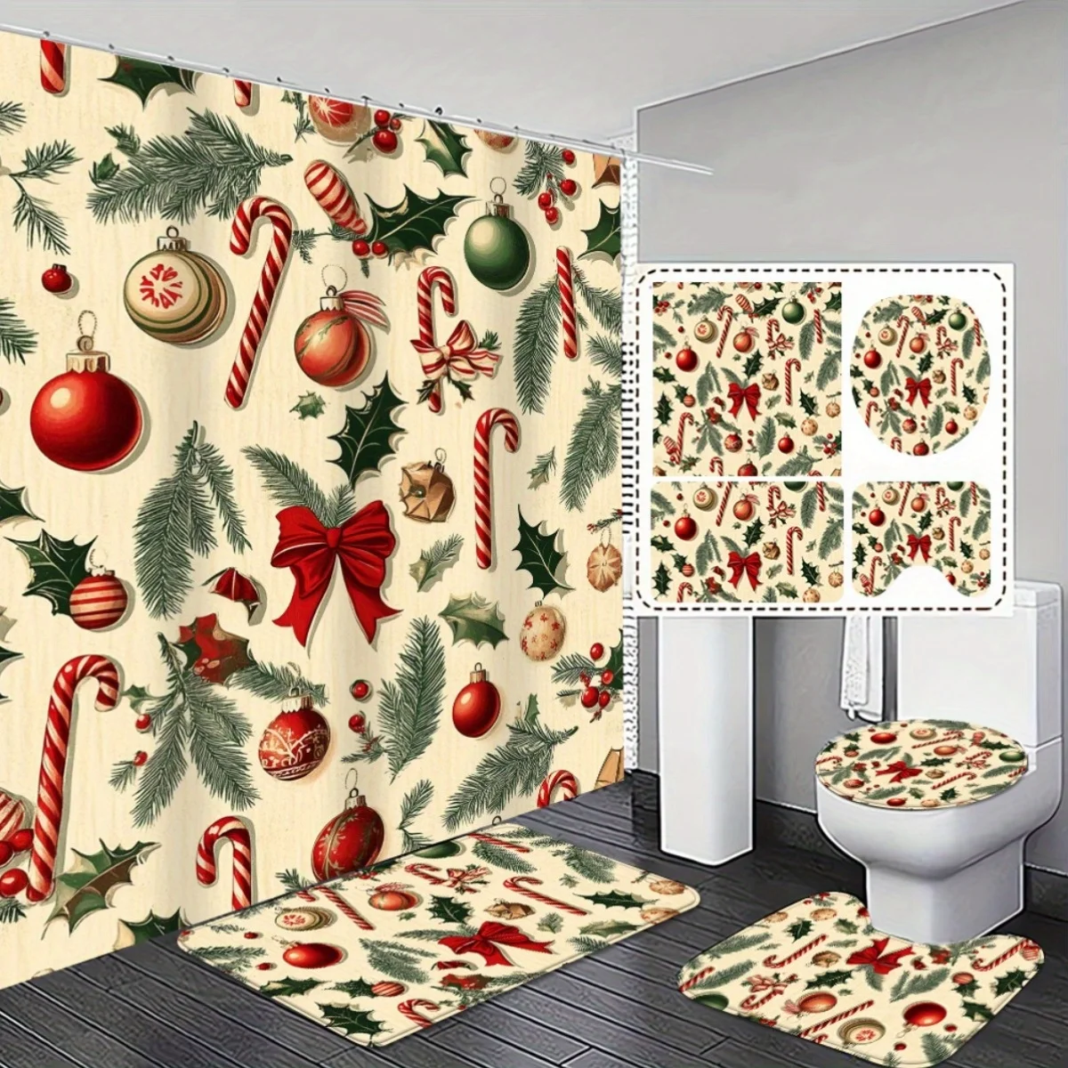 

4pcs set, Christmas Gift Bathroom Decor Shower Curtain Set with Non-Slip Mat Soft Comfortable Bath Rug for Home Use Festive