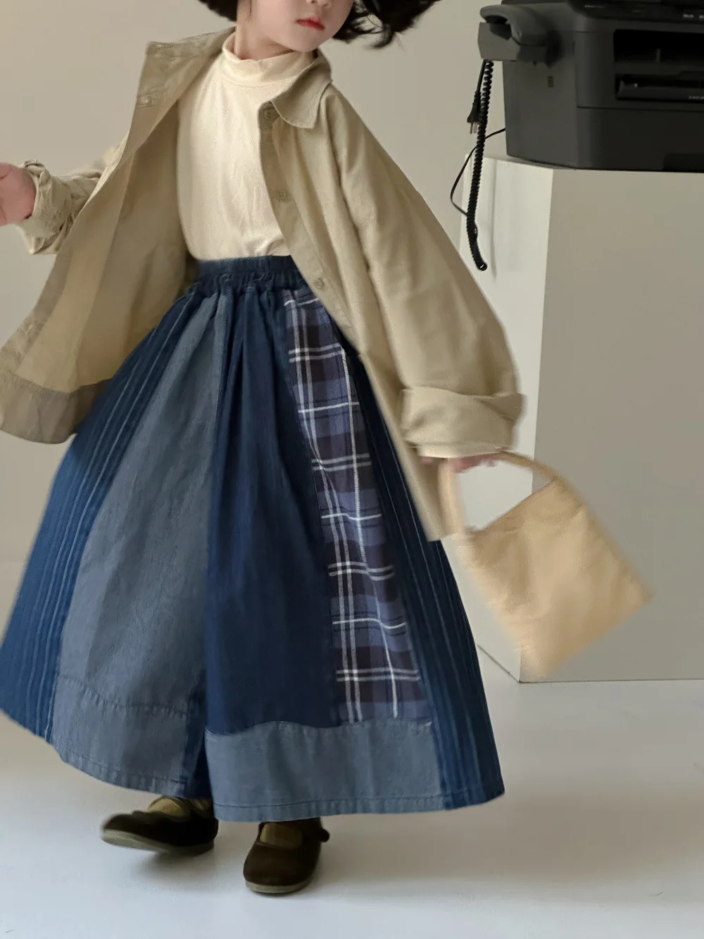 2026 RAISE Spring Children Girl Denim Pant Cotton Irregular Spliced Plaid Baby Girl Jeans Loose Casual Little Girl Wide Leg Pant