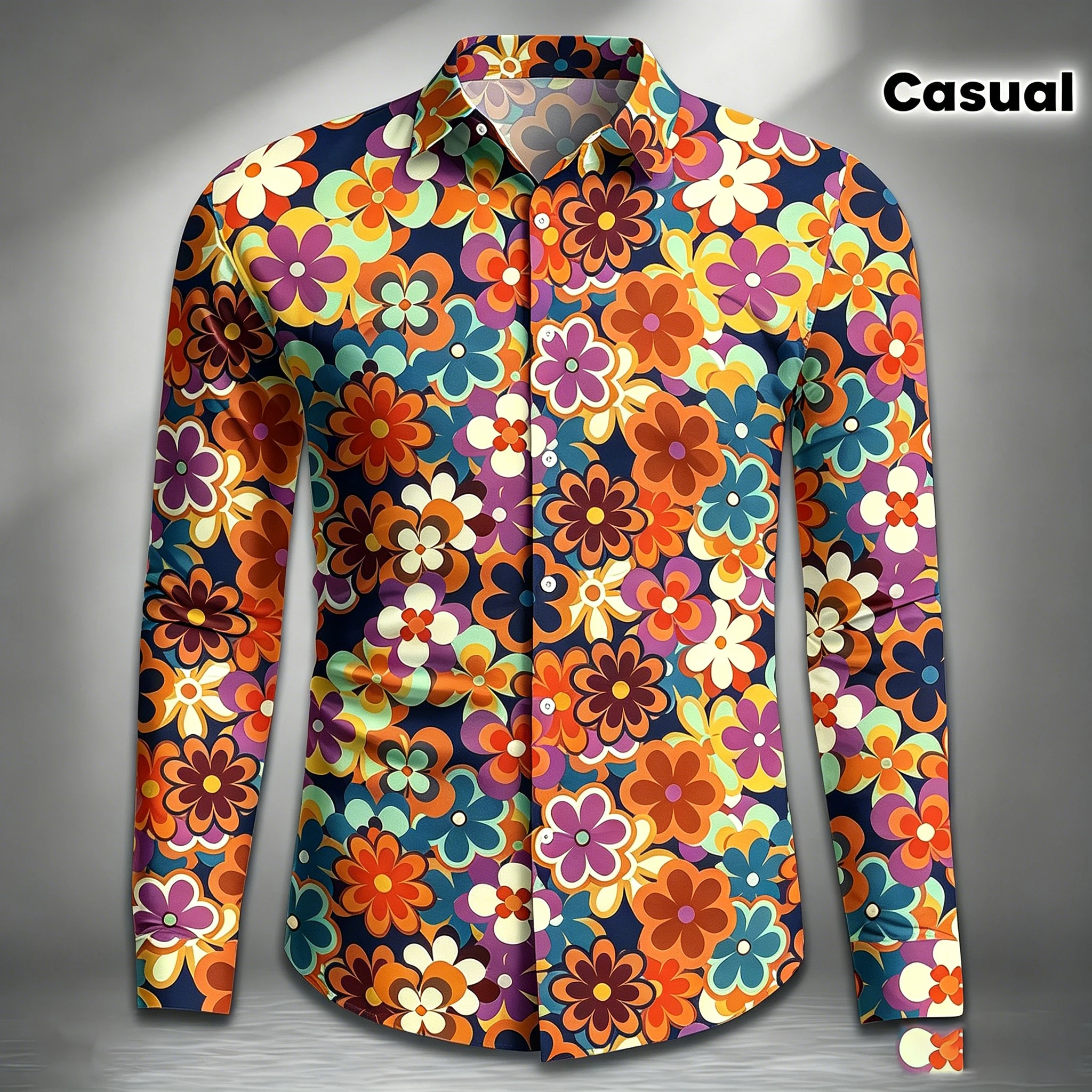 Men's collared slim-fit long-sleeved shirt, daisy drape shirt, plus-size retro European and American style casual cardigan top. - view 5