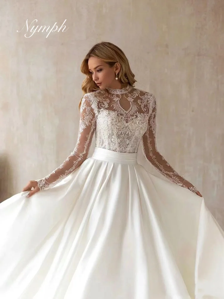 Customized luxurious Wedding Dresses With Detachable Train O-Neck Long Sleeves Bridal Gowns Lace Appliques Vestidos De Novia