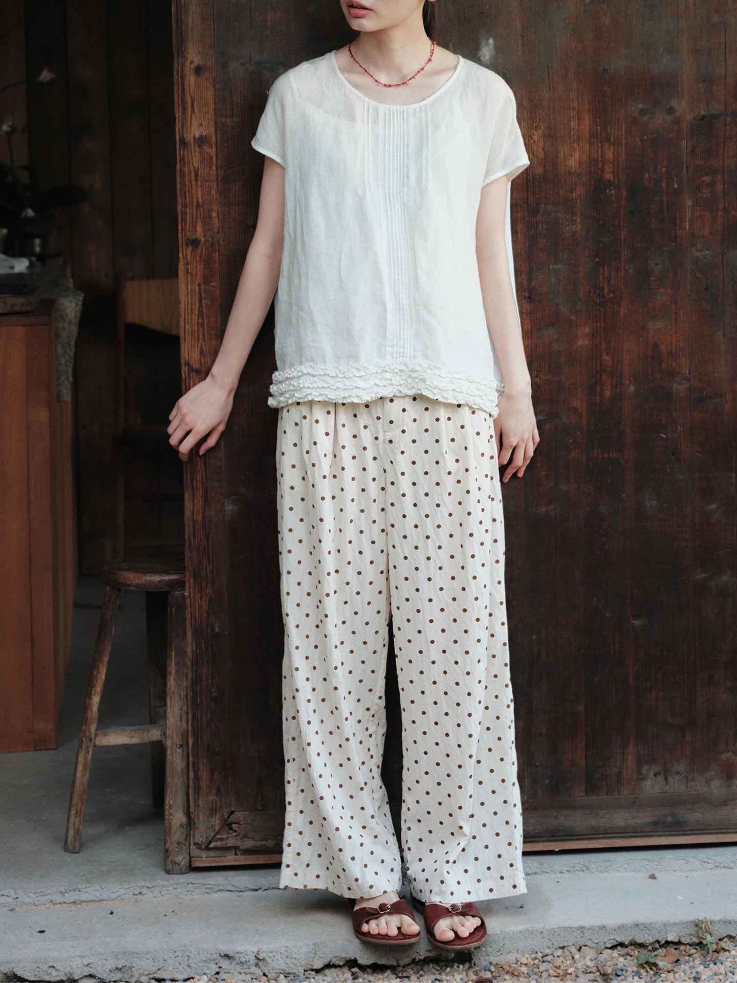 

Summer Casual Trousers Wide Leg Pants Loose Fit Silk Wool Blend Polka Dot Straight Leg Ladies High Waist Comfortable Pants
