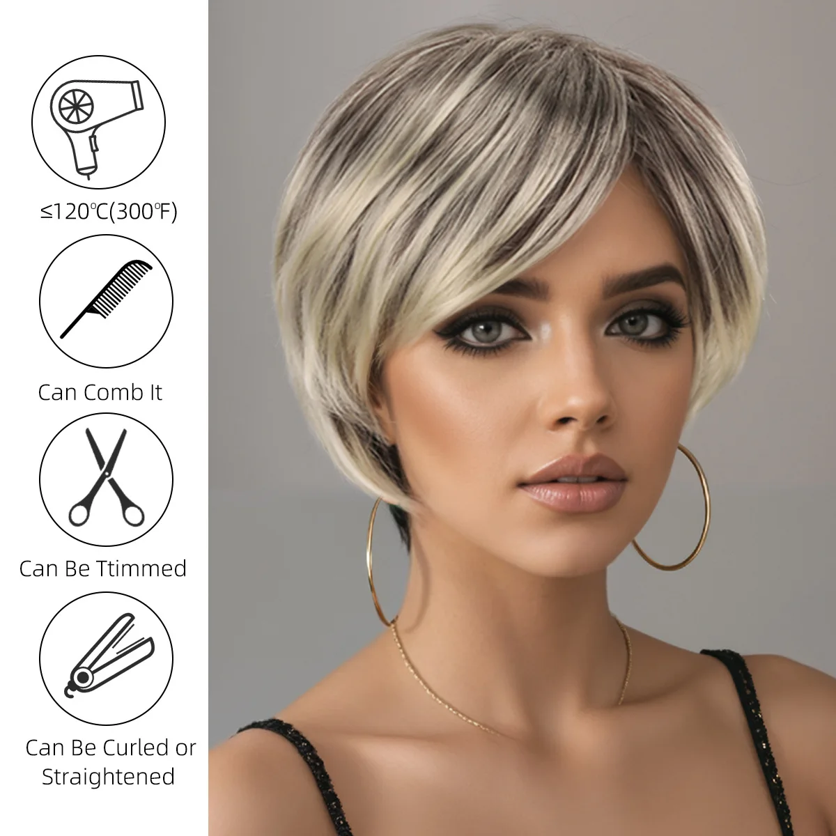 Fashion wig, European and American women's wig, synthetic short hair, gradient color headband-Synthetic fiber wig