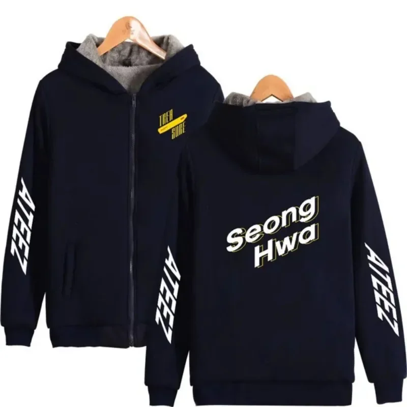 NEW ATEEZ KPopHooded Casual Printed Thicken Zipper Hoodies Winter unisex Fashion Thickened and Velvet Sweatshirt Sport Hoodie