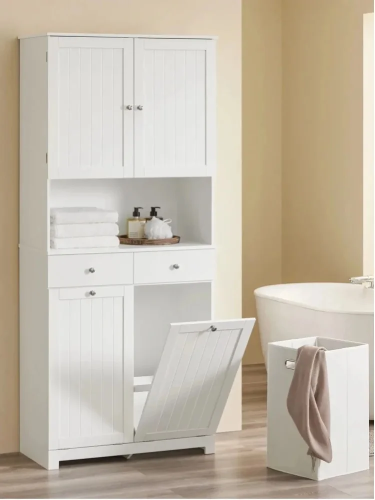 SoBuy BZR215-W Badezimmerschrank Hochschrank mit 2 Wäschekörben, 2 Schubladen & offenem Regal 78x38x181cm