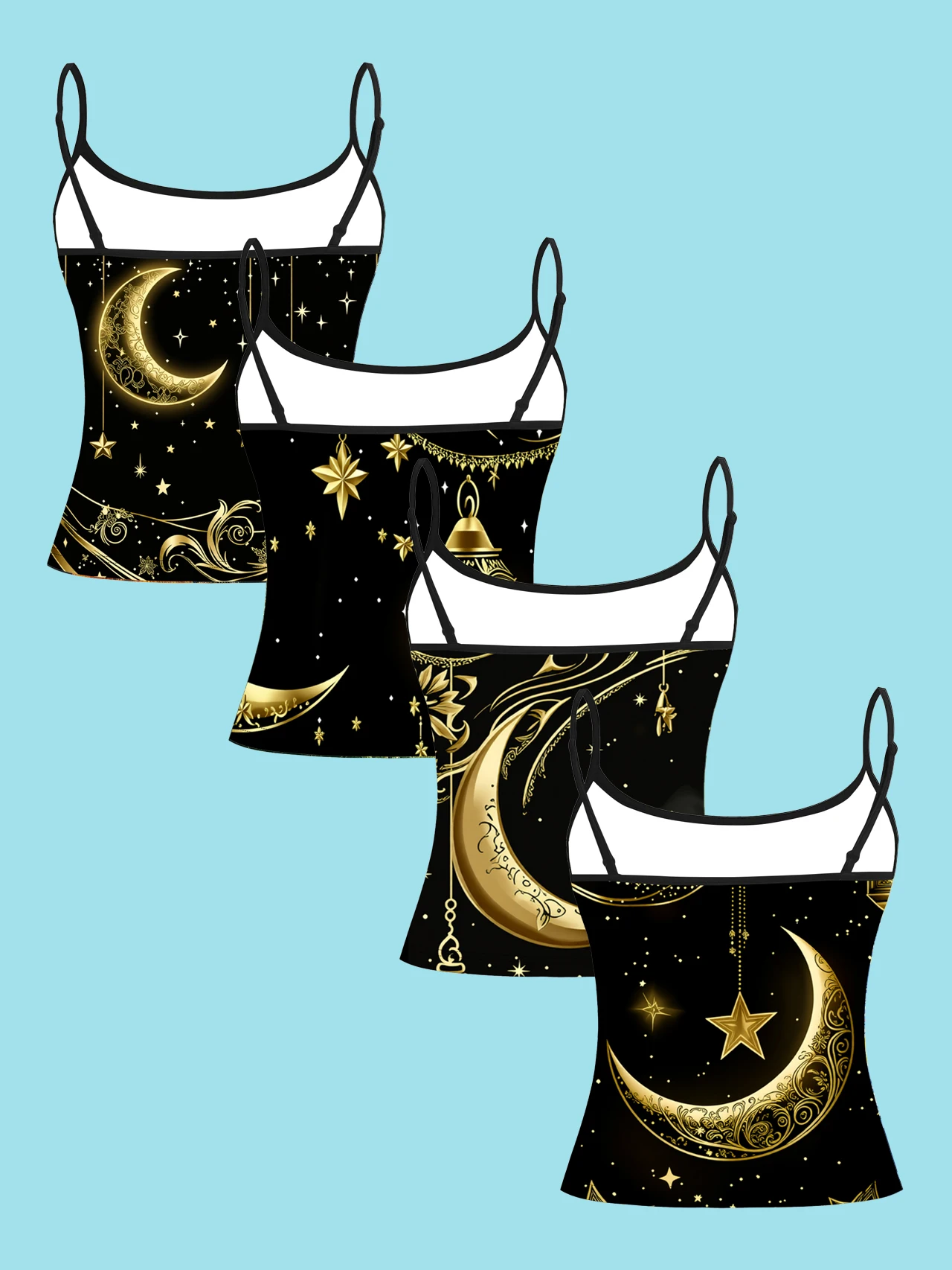 4-Piece Set of Women's Spaghetti Strap Camisole Tops, Black and Gold Vintage Star and Moon Magic Charm Full-Print Slim-Fit Sleeveless Tops, Mysterious Astrology Style Outerwear and Inner Layering Shirts