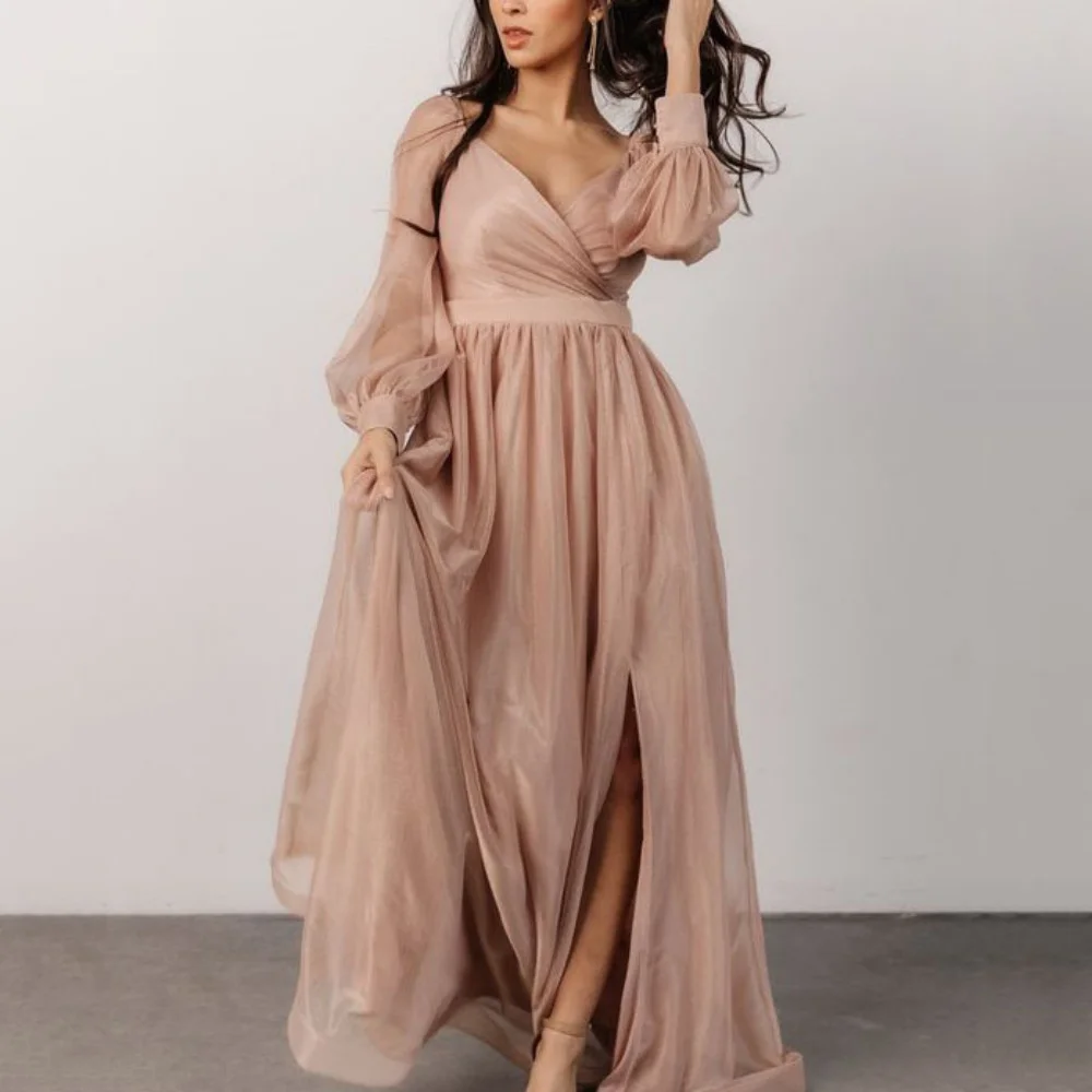 

Elegant A Line Prom Dresses Lantern Sleeve V Neck Long Evening Gowns Button Simple Evening Dress Vestidos De Novia