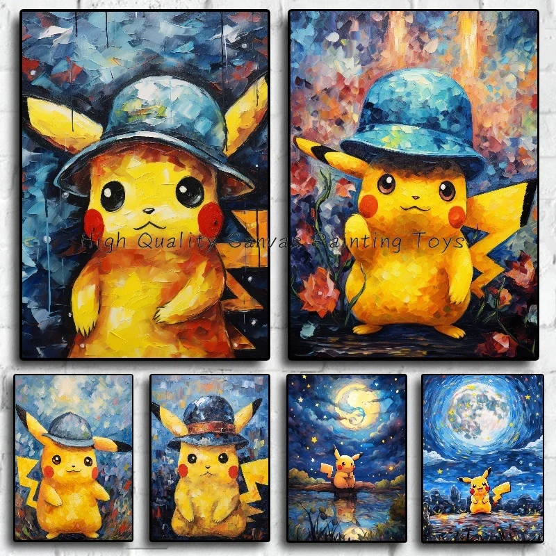 ภาพสีน้ำสไตล์โปเกมอนแวนโก๊ะรูปปั้นอะนิเมะ Pikachu โปสเตอร์ภาพวาดบุคคลผ้าใบพิมพ์ภาพศิลปะบนผนังห้องนั่งเล่น