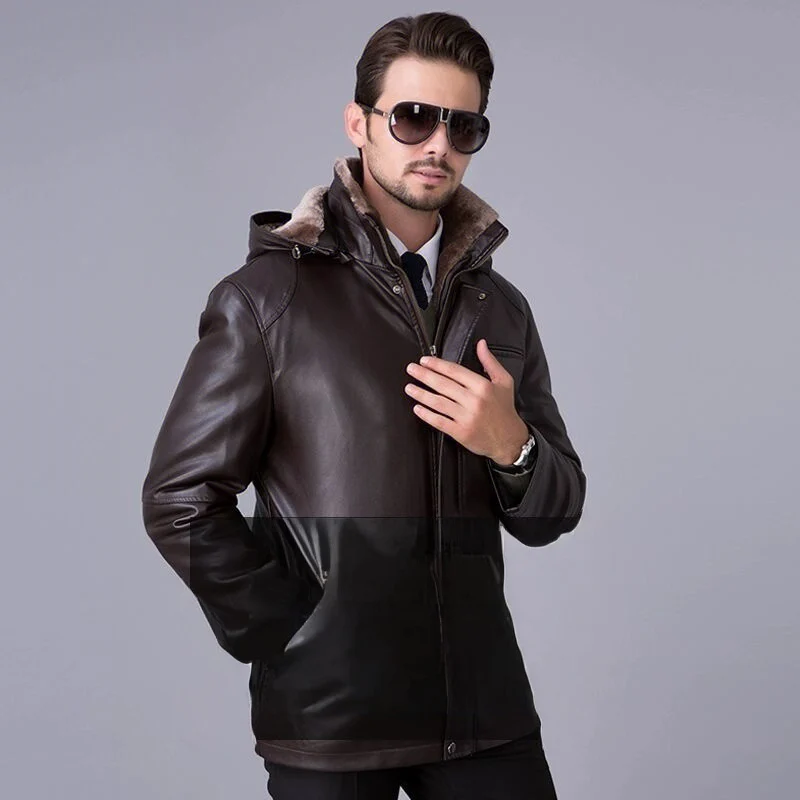 2025 Winter New Fur One Coats Men's Business Leisure Leather Jacket Thick Men Fur Clothing Sheepskin Hooded Jackets Detachable