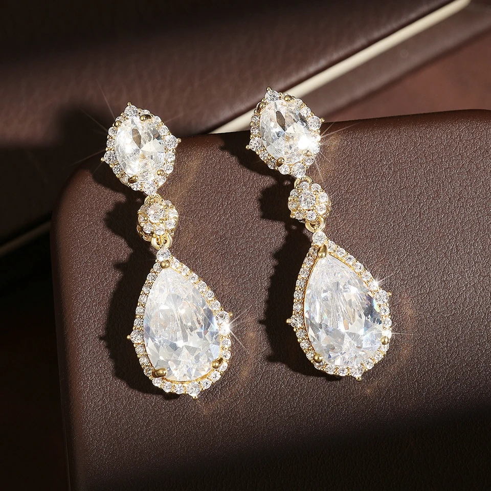 ZAKOL Luxury Water Drop Cubic Zirconia Dangle Earrings for Women Exquisite Gold Silver Color Charm Bridal Wedding Jewerly